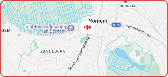 Carte montrant la r gion de Bornem avec des routes principales, des zones urbaines et un point d'int r t marqu par un logo Carrefour.  Description g n r e par IA