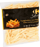 Un paquet de frites pr cuites surgel es avec un emballage noir et jaune portant la marque Carrefour. Description g n r e par IA