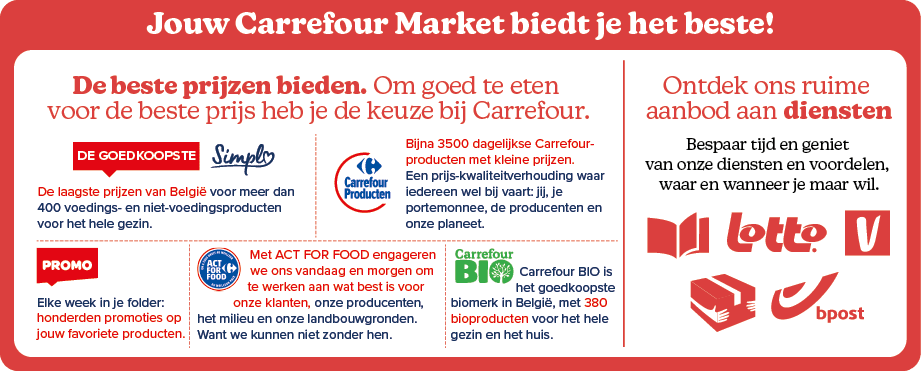 Une publicit de Carrefour Market en n erlandais mettant en avant les meilleurs prix sur des produits alimentaires, des promotions sp ciales, des produits bio locaux, et un large choix de services comme la loterie et la livraison.  Description g n r e par IA